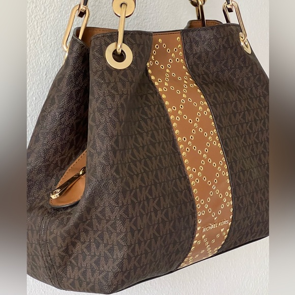 Michael Kors Brown Signature Coated Canvas Raven Large Studded Tote Bag - Picture 3 of 16